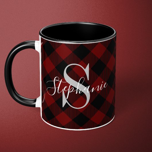 Rotes Büffel-Karo-rustikales Monogramm Name Tasse