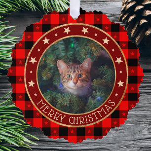 Rotes Büffel-Karo & Sterne Fröhliche Weihnachten C Ornament Karte