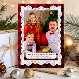 Rotes Büffel-Karo Weihnachtsfoto Feiertagskarte