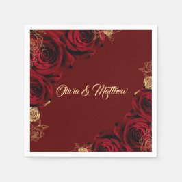 Rotes Burgund und Gold Rose Blumenhochzeit Serviette