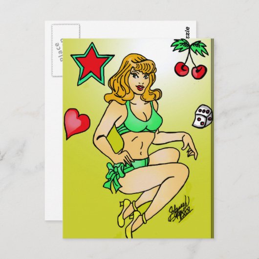 Rotes Button Postkarte (Vorne/Hinten)