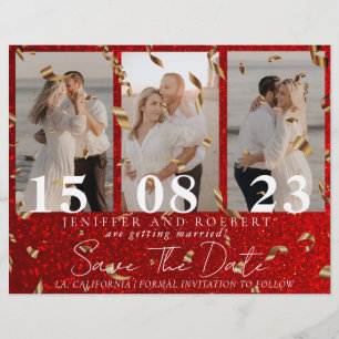 Rotes Chic-Glitter-Foto-Collage-Save-the-Date-Kart Flyer