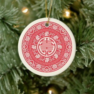 Rotes chinesisches WuFu-Glückssymbol Keramik Ornament