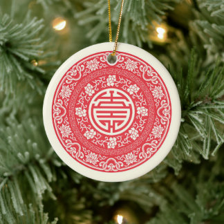 Rotes chinesisches WuFu-Glückssymbol Keramik Ornament