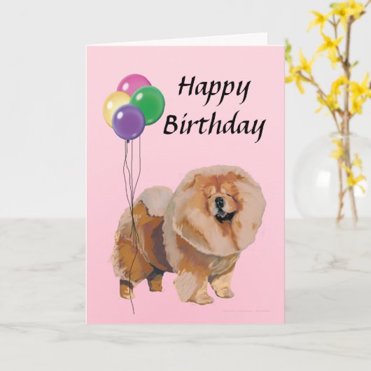 Rotes Chow-Chow mit Ballon-alles Gute zum Karte (Gelbe Blume)