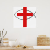 Rotes Christliches Kreuz mit dem Jesus Fish Ichthy Poster (Küche)