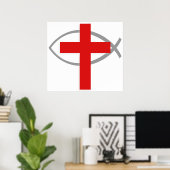 Rotes Christliches Kreuz mit dem Jesus Fish Ichthy Poster (Heimbüro)