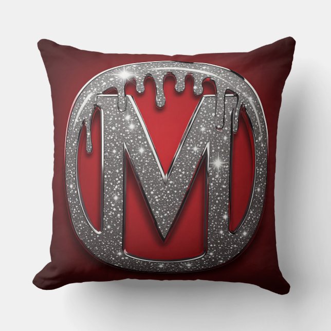 Rotes Chrome-Tropf-Buchstabe M Monogramm Glitter-E Kissen (Vorderseite)