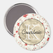 Rotes Creme Blumen Gold Monogramm Magnet (Vorderseite/Rückseite)