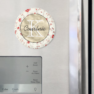 Rotes Creme Blumen Gold Monogramm Magnet
