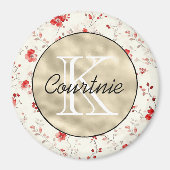 Rotes Creme Blumen Gold Monogramm Magnet (Vorne)