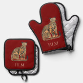 Rotes Creme Gold Leopard Tiermonogramm Ofenhandschuh & Topflappen-Set (Vorderseite/Rückseite)