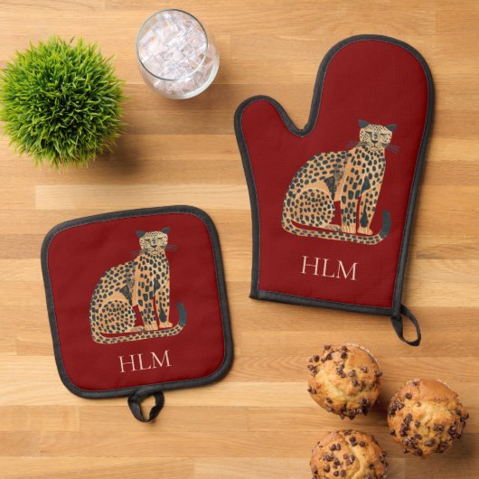 Rotes Creme Gold Leopard Tiermonogramm Ofenhandschuh & Topflappen-Set (Oben Unten)