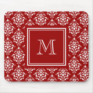 Rotes Damast-Muster 1 mit Monogramm Mousepad