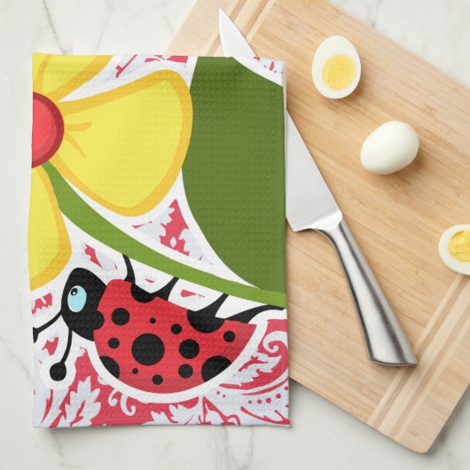 Rotes Damast-Muster; Marienkäfer Geschirrtuch (Viertel Falte)