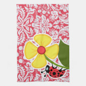 Rotes Damast-Muster; Marienkäfer Geschirrtuch (Vertikal)