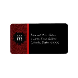 Rotes Damast & rotes Schleifenmonogramm - Adresset Adressaufkleber