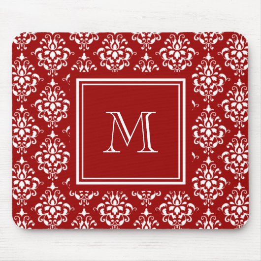 Rotes Damastmuster 1 mit Monogramm Mousepad (Vorne)