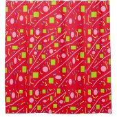 Rotes Design mit rosa grünen Quadraten und Globen Duschvorhang (Vorderseite)