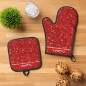 Rotes digitales Glitter & Funkeln Ofenhandschuh & Topflappen-Set (Oben Unten)