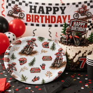 Rotes Dirt Bike Muster Jungen Motocross Geburtstag Pappteller