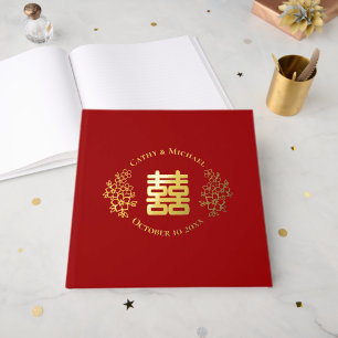 Rotes doppeltes Glück Blumenlogo Chinesische Hochz Gästebuch
