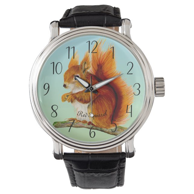 Rotes Eichhörnchen Aquarellmalerei Uhr (Vorderseite)