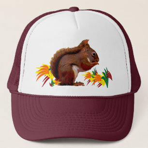 Rotes Eichhörnchen im Herbst Truckerkappe