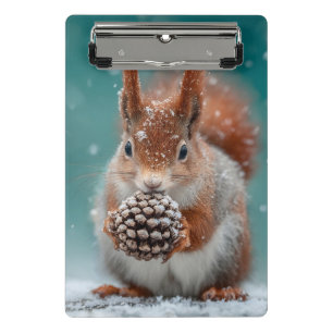 Rotes Eichhörnchen im Schnee mit Pinecone Mini Klemmbrett
