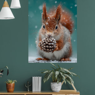 Rotes Eichhörnchen im Schnee mit Pinecone Poster