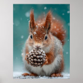 Rotes Eichhörnchen im Schnee mit Pinecone Poster (Vorne)
