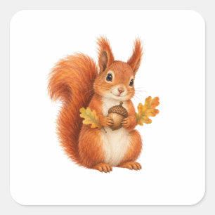 Rotes Eichhörnchen mit einer Eichel Quadratischer Aufkleber