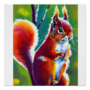 Rotes Eichhörnchen sitzt auf dem Ast in einem Wald Poster