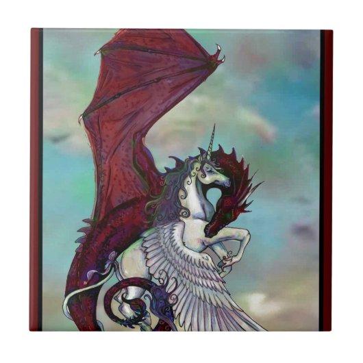 Rotes Einhorn-Pferdepony-Drache-Reptil-Monster Fliese (Vorderseite)