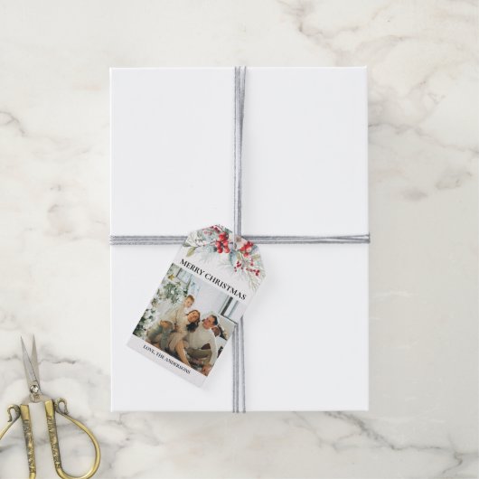 Rotes, elegantes Skript und Foto | Berries Weihnac Geschenkanhänger (Mit Garn)