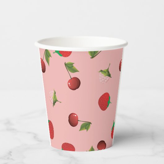 Rotes Erdbeer- und Kirschenmuster Rosa Frucht Pappbecher (Vorderseite)