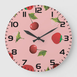 Rotes Erdbeer- und Kirschmuster Rosa Frucht Große Wanduhr