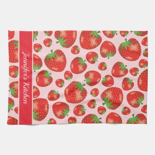 Rotes Erdbeermuster mit benutzerdefiniertem Text Geschirrtuch (Horizontal)