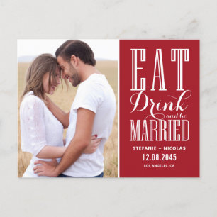 Rotes „Essen, Trinken und Seid Verheiratet“ Save-t Ankündigungspostkarte