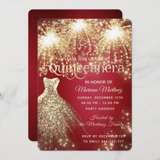 Rotes extravagantes Feuerwerk Goldspitzkleid Einladung (Vorne/Hinten)