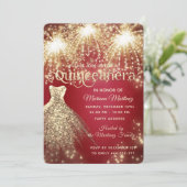 Rotes extravagantes Feuerwerk Goldspitzkleid Einladung (Stehend Vorderseite)