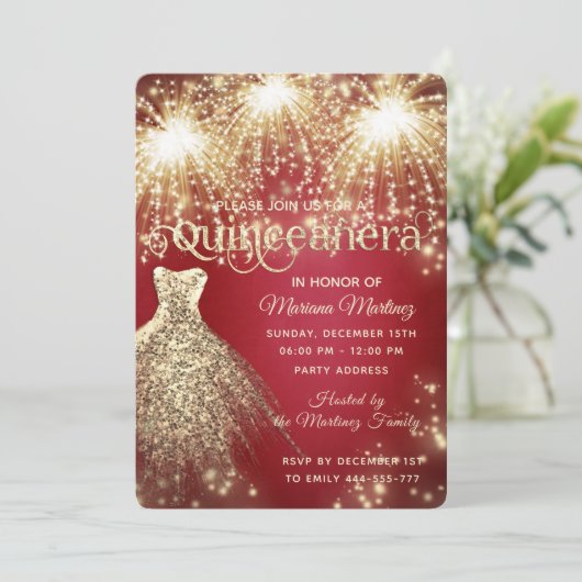 Rotes extravagantes Feuerwerk Goldspitzkleid Einladung (Stehend Vorderseite)