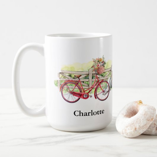Rotes Fahrrad mit Blume Wasserfarbe Personalisiert Kaffeetasse (Mit Donut)