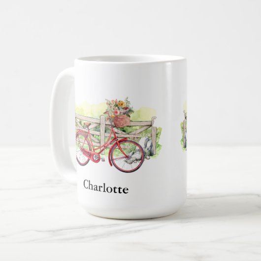 Rotes Fahrrad mit Blume Wasserfarbe Personalisiert Kaffeetasse (Vorderseite Links)
