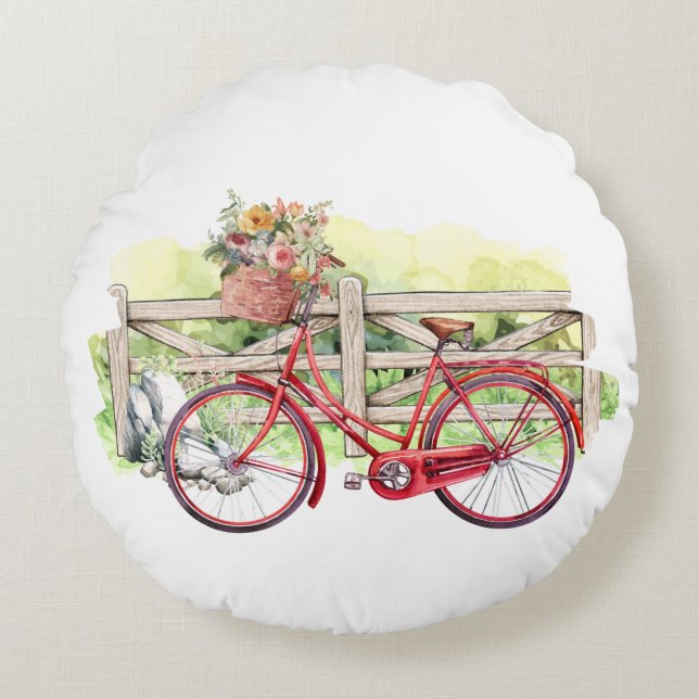 Rotes Fahrrad mit Blume Wasserfarbe Rundes Kissen (Vorderseite)