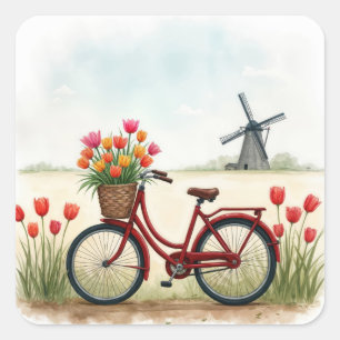 Rotes Fahrrad mit holländischen Tulips Quadratischer Aufkleber