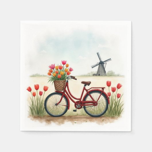Rotes Fahrrad mit holländischen Tulips Serviette (Vorderseite)