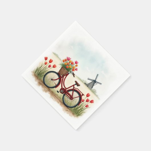 Rotes Fahrrad mit holländischen Tulips Serviette (Ecke)