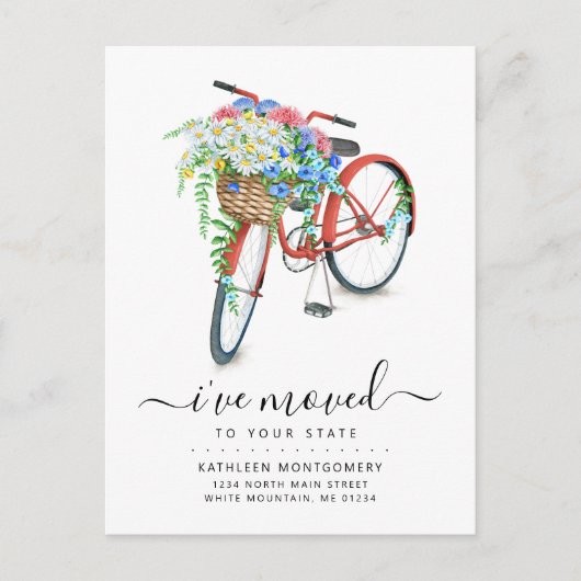 Rotes Fahrrad Rosa Blumenkorb Ankündigungspostkarte (Vorderseite)