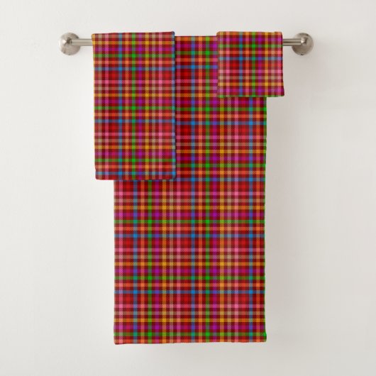 Rotes farbenfrohes Gingham-Karo-Muster Badhandtuch Set (Insitu)